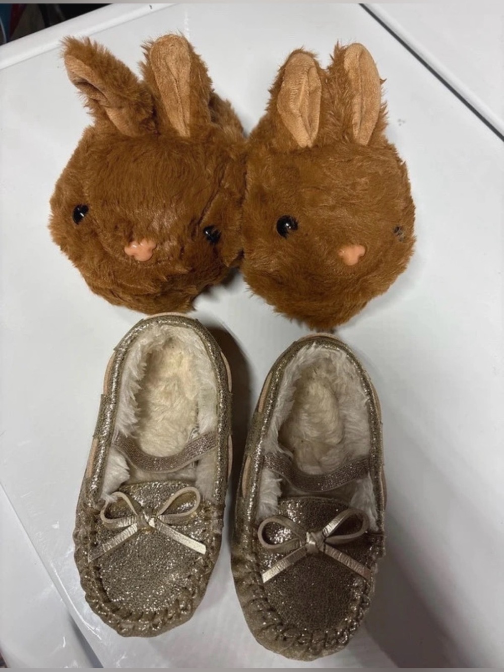 Target Kids Brown Bunny Slippers and Gold Sparkle Moccasins
